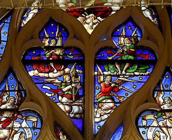 Window depicting Angel Musicians, Trumpet, Harp, Flute, Organ (stained glass)