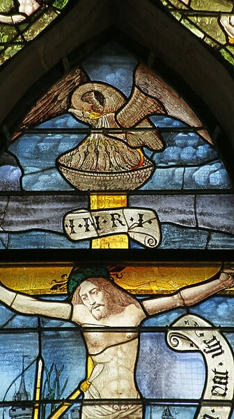 Window depicting the Pelican feeding her young, symbol of the Crucifixion