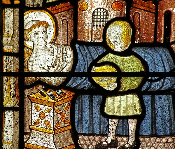 Window n5 depicting St Neot receives the two fish (stained glass)