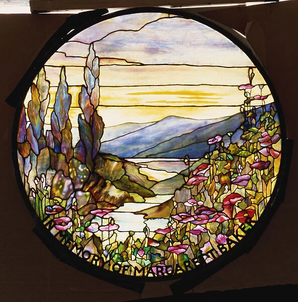 Window with sunset and mountains, Tiffany Studios, c. 1900 (leaded glass window)