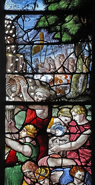 Window w1 depicting collecting Manna from heaven (stained glass)