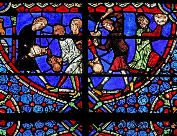 Window w3 depicting the water turning into wine at the Marriage at Cana (stained glass)