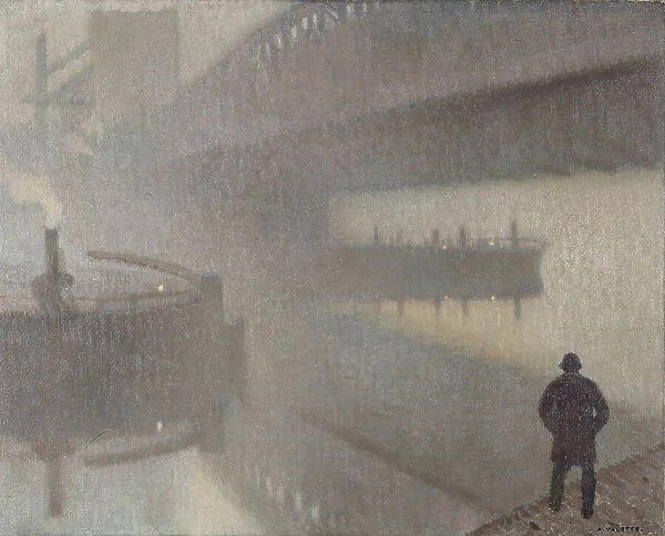 Under Windsor Bridge on the Irwell, Manchester, 1912 (oil on linen on jute)