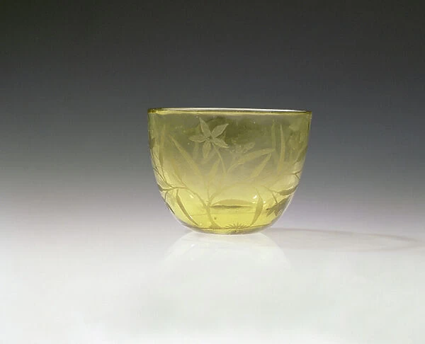 Wine Cup, depicting a flowering citrus plant and a butterfly in flight, Chinese, Yongzheng period, 1723-35 (engraved yellow glass)