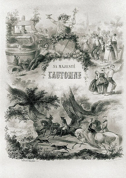 Wine: Her Majesty 'Autumn'. French allegorical print representing autumn: harvest season. At the top, Bacchus (Bacco) carries a toast, hunters at the bottom cross a forest. Lithography of the 19th century