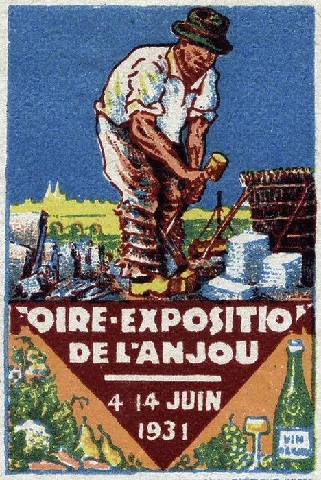 Framed Print : A winemaker at work (size of blocks), decor of pear, grape and vine for the wines of Anjou - Vignette illustree, reclaim for the fair exhibition of Anjou, 1931