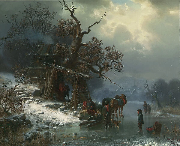 Winter landscape with figures on a frozen river, 1867 (oil on canvas)
