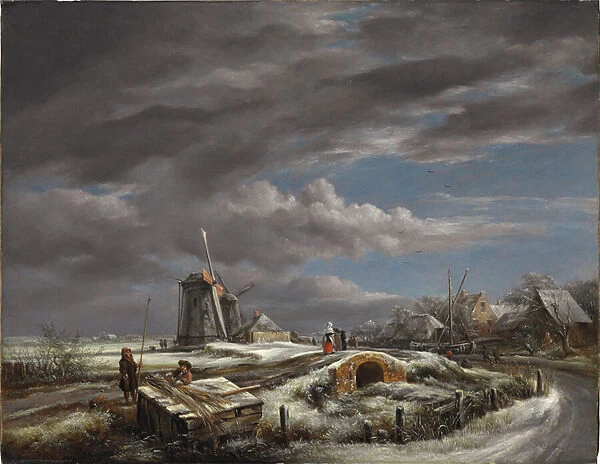 Winter landscape with figures on a path, a footbridge and windmills beyond (oil on canvas