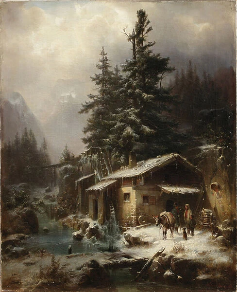 Winter landscape with figures resting near a water mill, 1866 (oil on canvas)