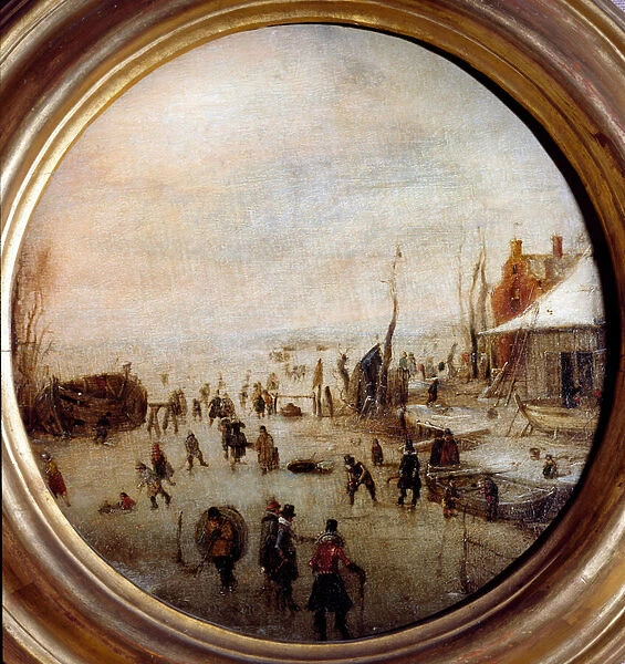 Winter landscape with ice skaters and hockey players Painting by Hendrick Avercamp