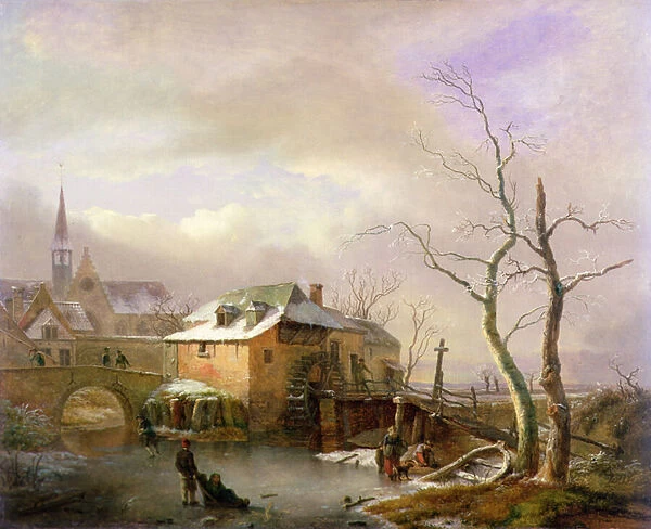 A Winter Landscape with Peasants on a Frozen Millpond by a Village (oil on canvas)