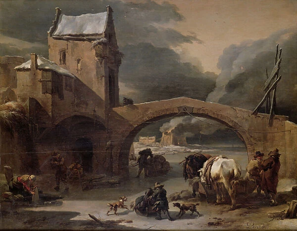 A Winter Landscape with Peasants and Horses on a Frozen Canal by a Fortified Bridge, c
