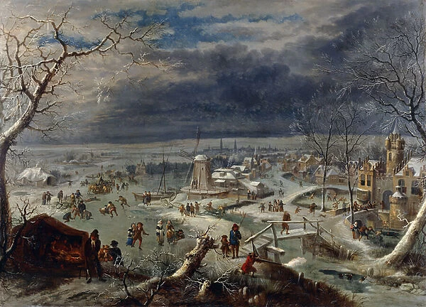 A Winter Landscape with Skaters on a Frozen Waterway by a Village