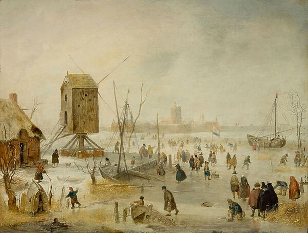 Winter Landscape with Skaters on a River by a Windmill (oil on copper)