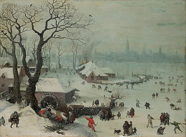 Winter Landscape with Snowfall near Antwerp, 1575 (mixed media on oak)