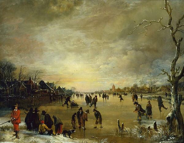 Winter Landscape at Sunset with People playing Golf and Skating (oil on canvas)