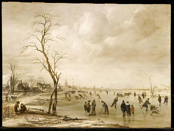 A Winter Landscape with Townsfolk Skating and Playing Kolf on a Frozen River