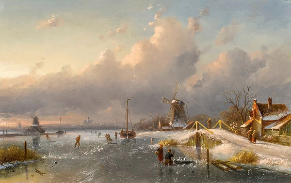 A Winter Landscape with Windmills and Skaters on a Frozen Waterway