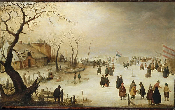 A Winter River Landscape with Figures on the Ice (oil on panel)
