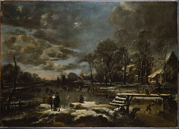 A Winter River Landscape with Figures Playing Golf and Skating (oil on canvas)