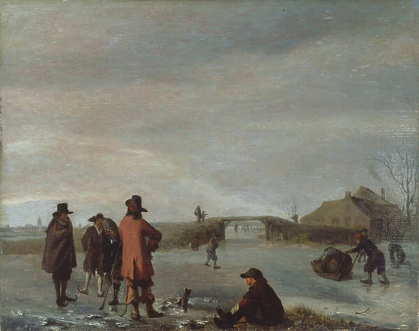 Winter scene with a group of golfers on a frozen river, c. 1654-72 (oil on panel)