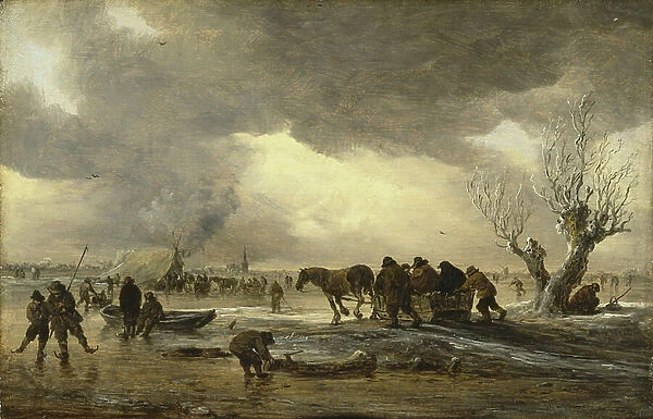 Winter scene with a sledge in the foreground and figures gathering round a tent on the ice, 1653 (oil on panel)