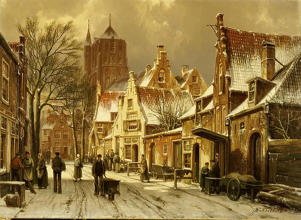 A Winter Street Scene (oil on canvas)