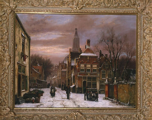 A Wintry Scene: a Dutch Street with numerous Figures (oil)