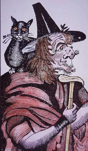 Witch with her cat familiar (woodcut)