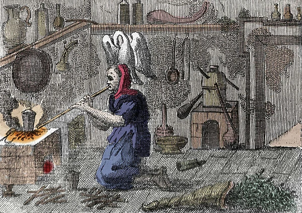 A witch in her laboratory preparing a magic potion, right a horn filled with magic herbs