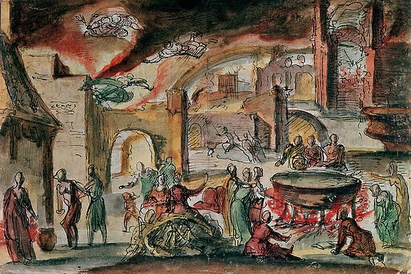 Witchcraft scene, probably a stage set, 2nd half of 17th century (w  /  c on paper)