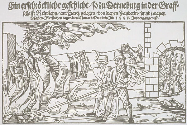 Three Witches Burned Alive, pamphlet illustration (woodcut)