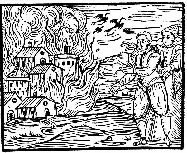 Witches destroying a house by fire, Swabia in 1533, illustration from