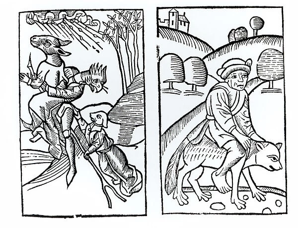 Witches disguised as animals riding a broomstick (left) and male witch riding a wolf