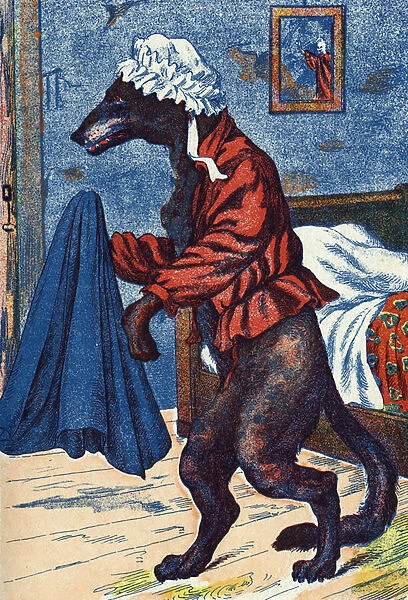 The wolf puts on the grandmothers clothes. Anonymous illustration for '