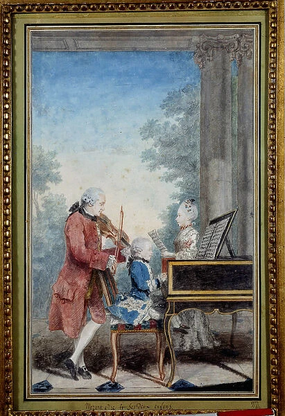 Wolfgang Amadeus Mozart (1756-1791) as a child playing piano with his father and sister