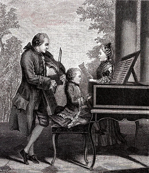 Wolfgang Amadeus Mozart at seven, with his father Leopold, 1878 (Engraving)