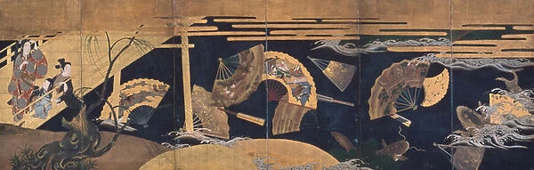Woman Admiring Floating Fans, Screen, Edo Period, 1630-60 (ink, color, gold and gold leaf on paper)