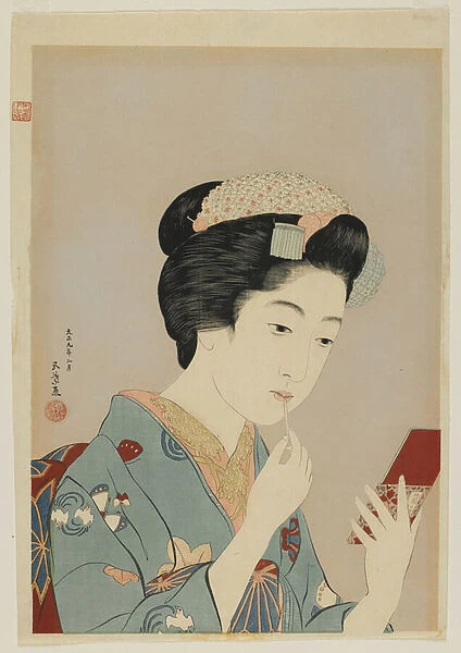 Woman Applying Lip Rouge, Taisho era, February 1920 (colour woodblock print)