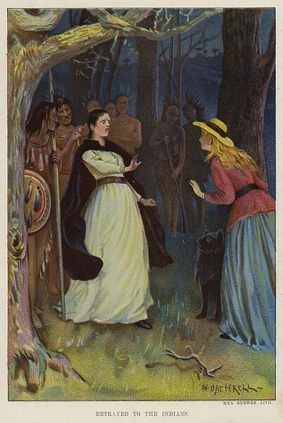 Woman being betrayed to American Indians (chromolitho)