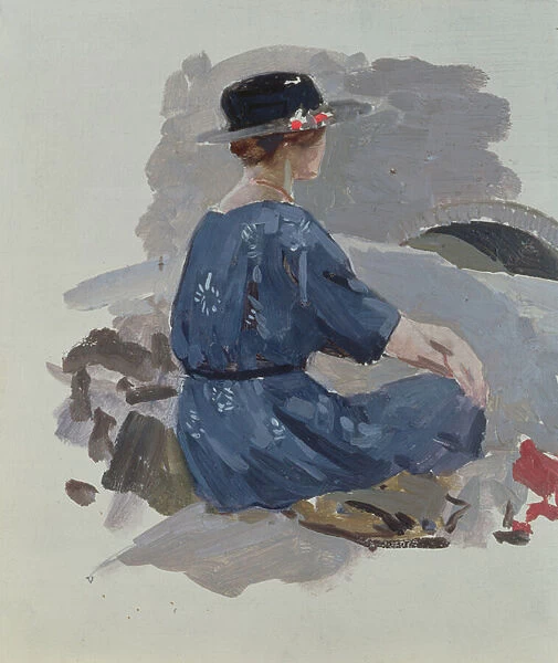 Woman in a blue dress and wide brimmed hat sitting upon rocks (oil on paper)