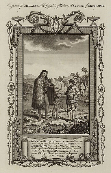 Woman and boy of Patagonia receiving beads from British naval officer Commodore John Byron, 1765 (engraving)