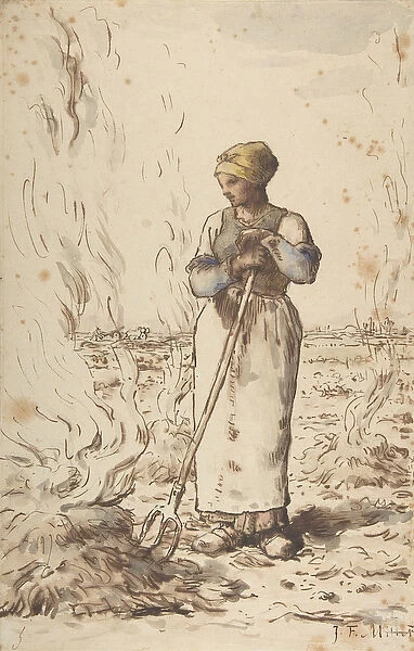 A Woman Burning Weeds, c. 1850-59 ( pen and ink, w  /  c and wash over graphite on laid paper)