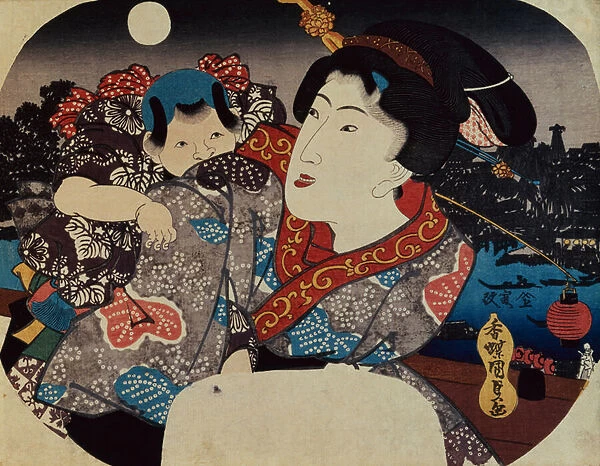 A Woman Carrying a Child on her Back (woodblock print)