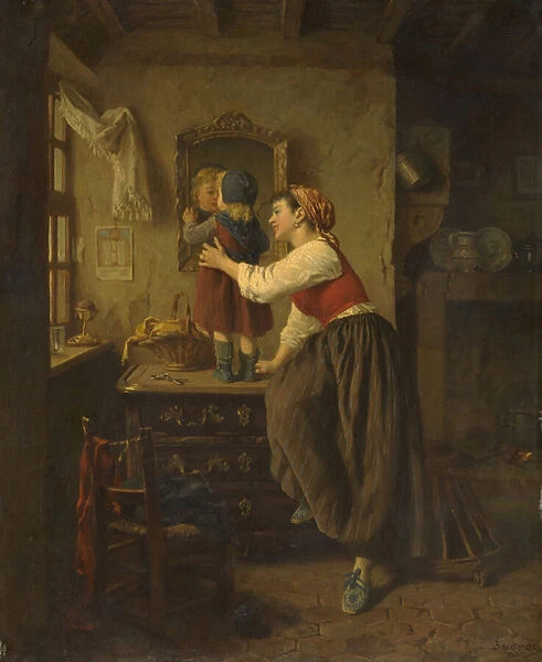 Woman and Child Before a Mirror, 1870s (oil on panel)