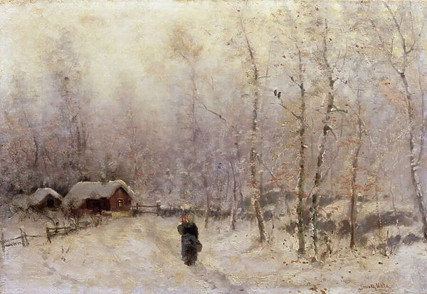 Woman with Child in Winter Landscape (oil on canvas)