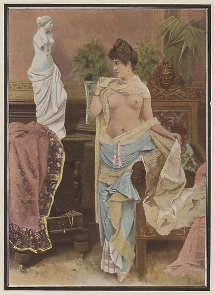 Woman comparing herself with a statue of Venus de Milo (colour litho)
