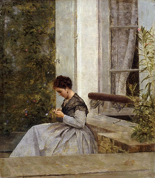 A Woman Crocheting, (oil on panel)