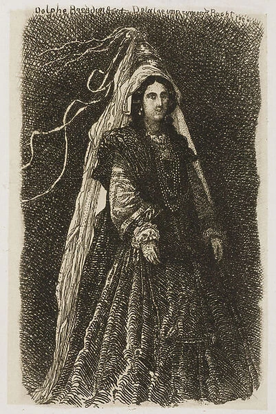 Woman in Fantastic Medieval Costume (etching on cream china paper