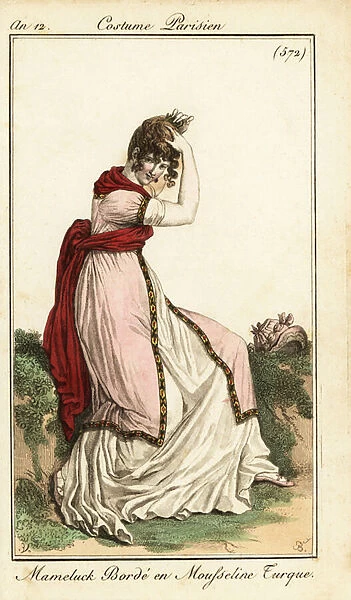 Woman fixing her hair on a grassy bank, Paris, 1804. 1804 (engraving)